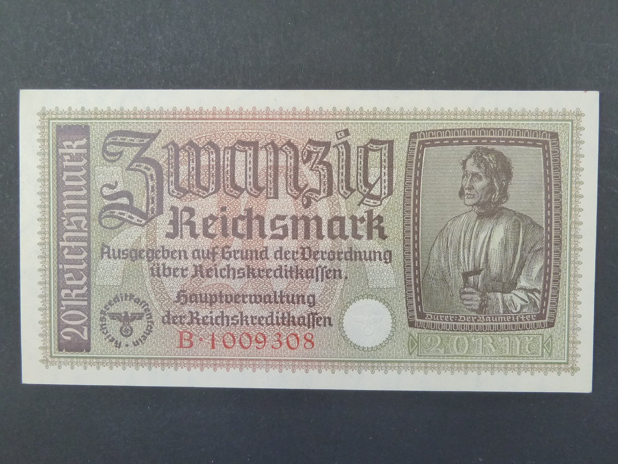 vydání pro obsazené území 1939-45, 20 Reichsmark b.d. série B, Ros. ZWK-5a