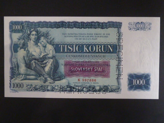 1000 Ks 25.5.1934 s přetiskem série K, bankovní vzor s 3x perf. SPECIMEN