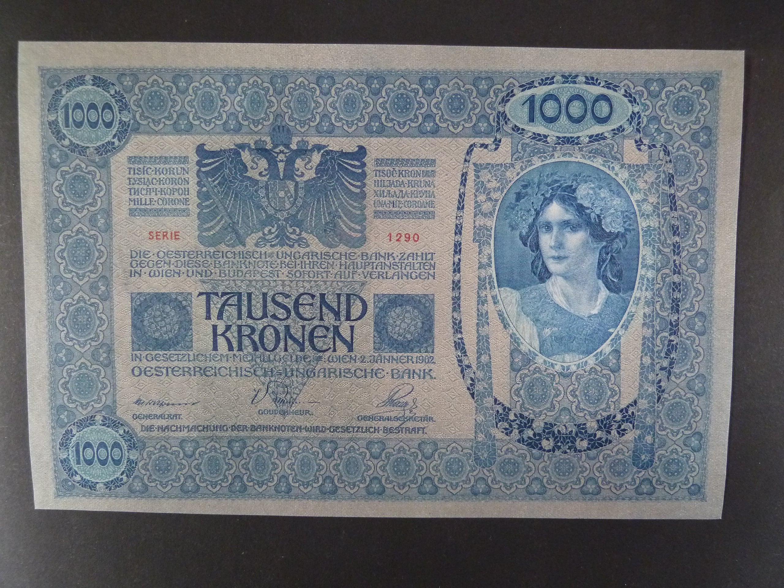 1000 K 2.1.1902 série 1290 šedý podtisk, Ri. 152a