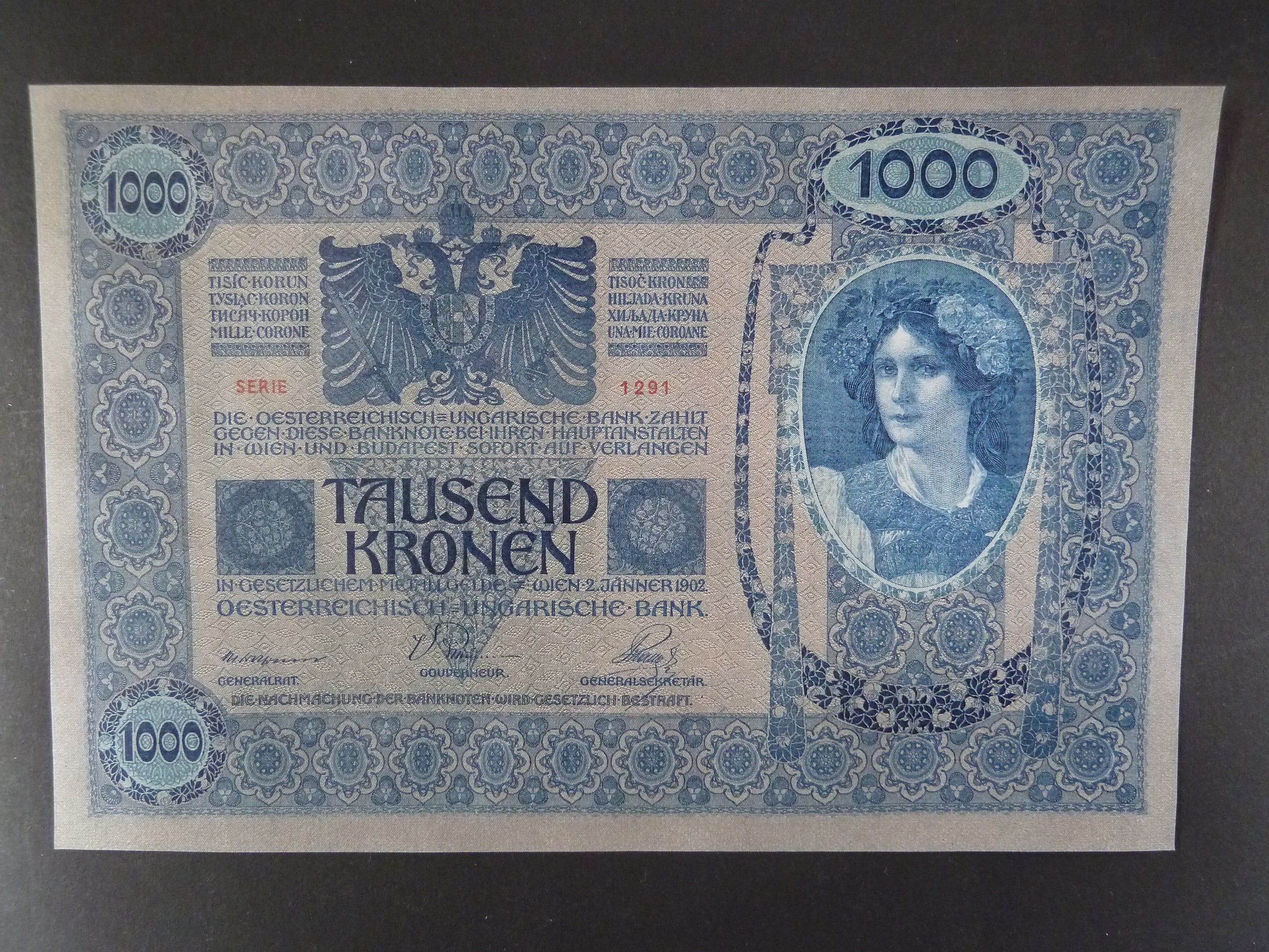 1000 K 2.1.1902 série 1291 šedý podtisk, Ri. 152a