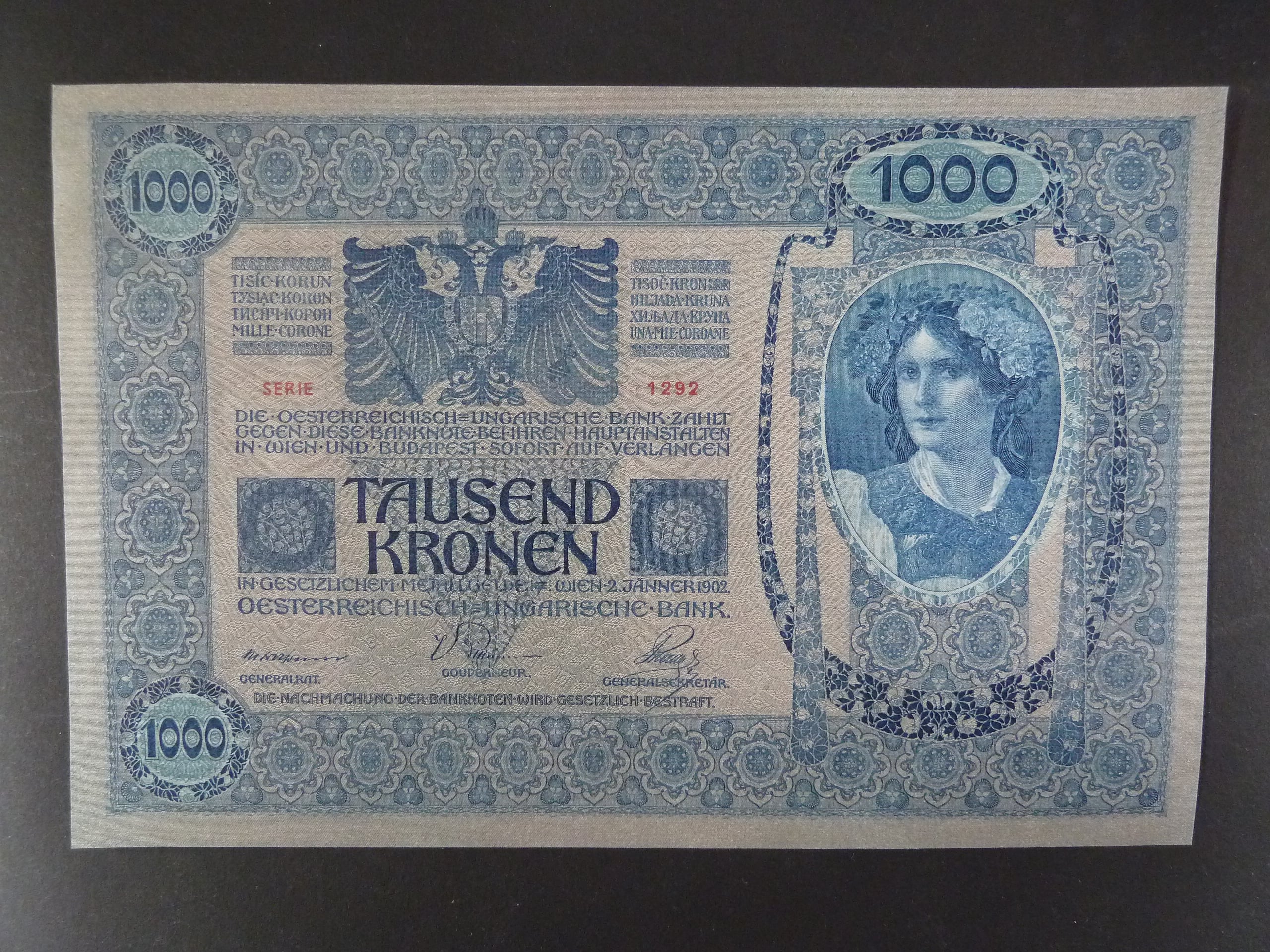 1000 K 2.1.1902 série 1292 šedý podtisk, Ri. 152a