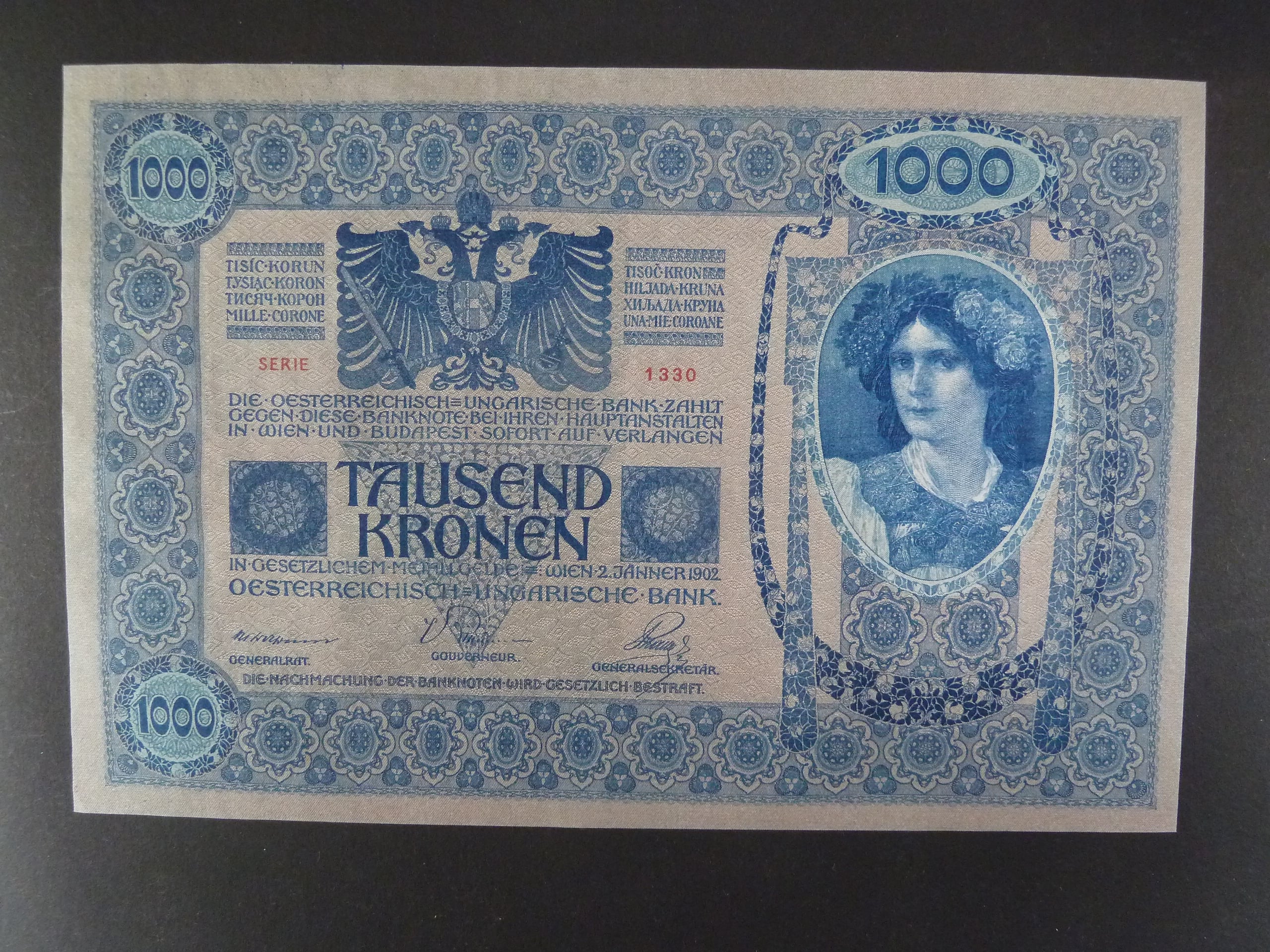 1000 K 2.1.1902 série 1330 růžový podtisk, Ri. 152b