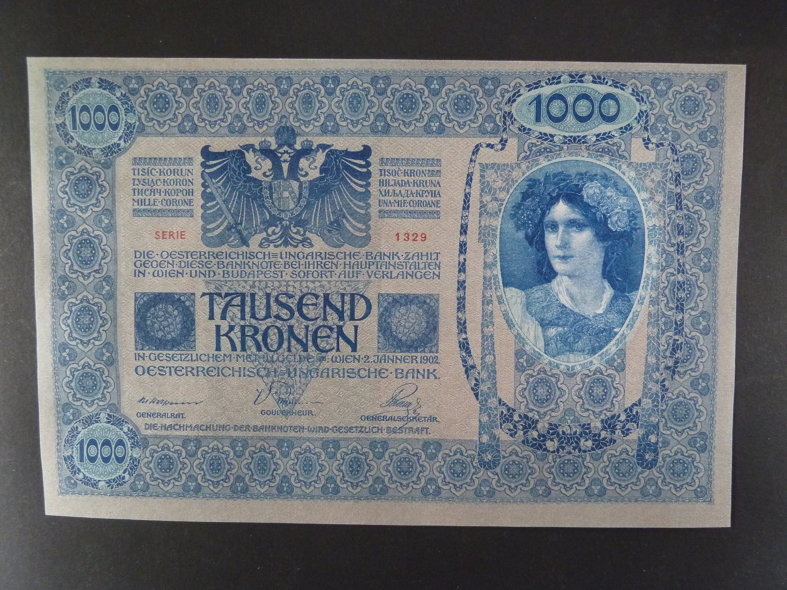 1000 K 2.1.1902 série 1329 růžový podtisk, Ri. 152b