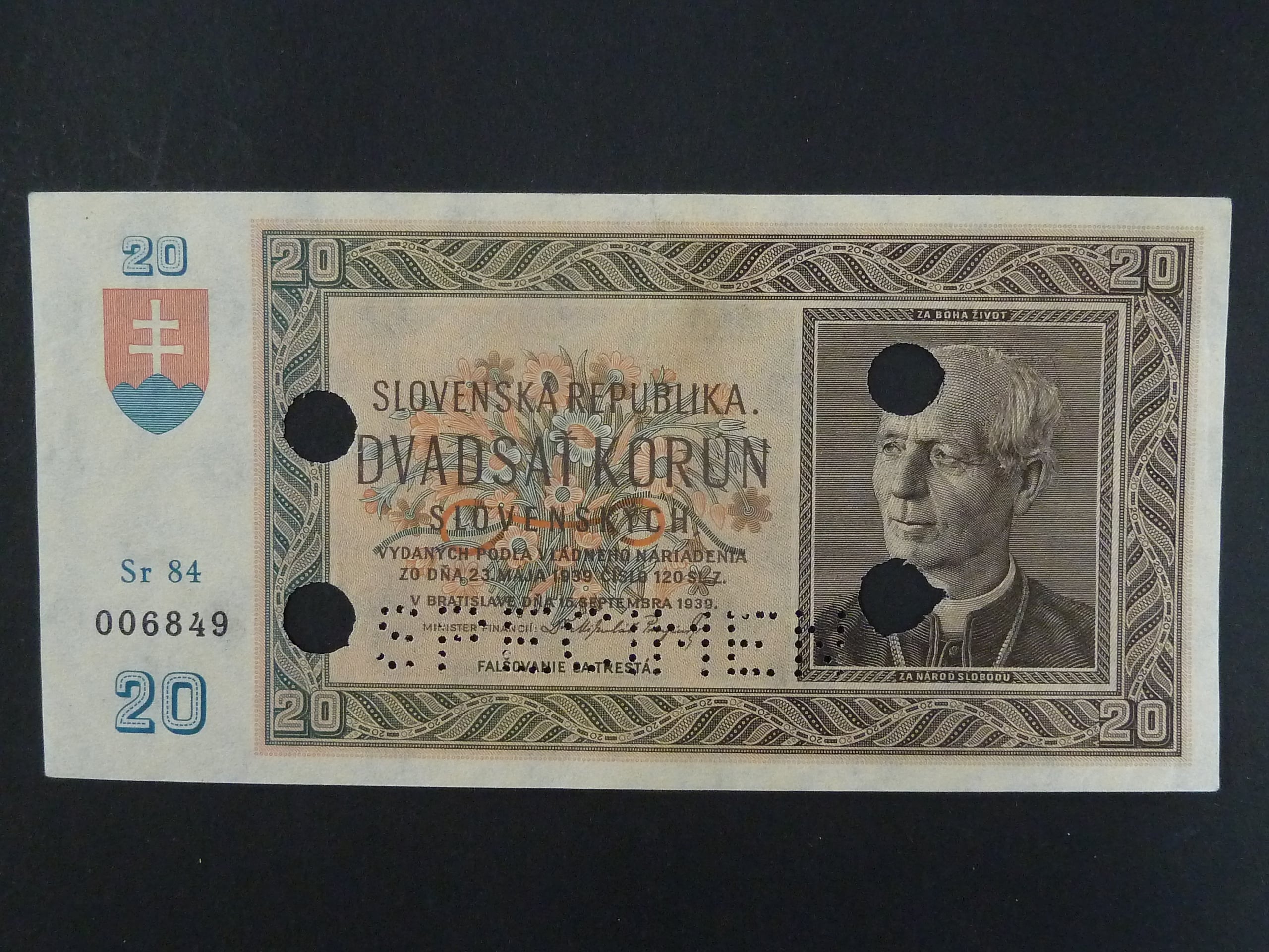 20 Ks 15.9.1939 serie Sr 84, perf. SPECIMEN + 4x skartační otvor