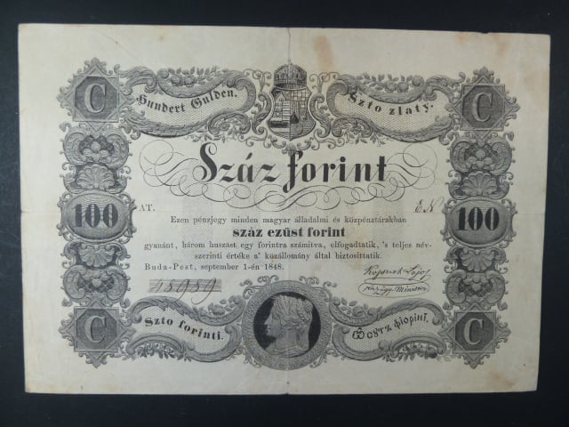 Uhersko, 100 Forint / Gulden 1.9.1848, , Ri. 410, pěkný stav