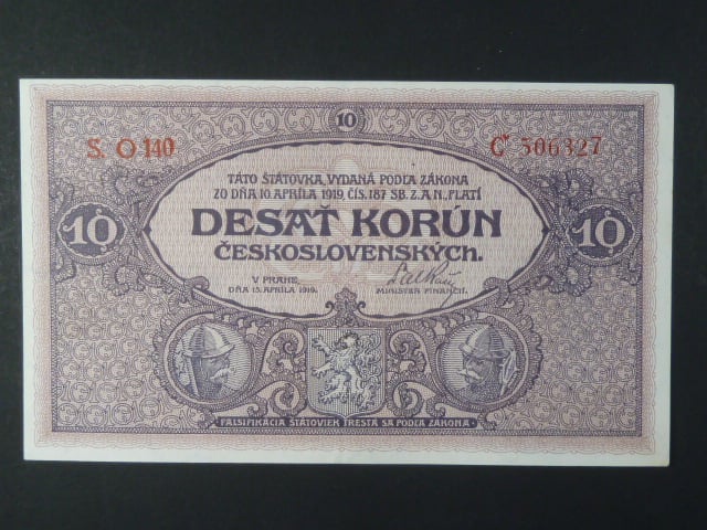 10 Kč 15.4.1919 série O 140, Ba. 9b, Pi. 8