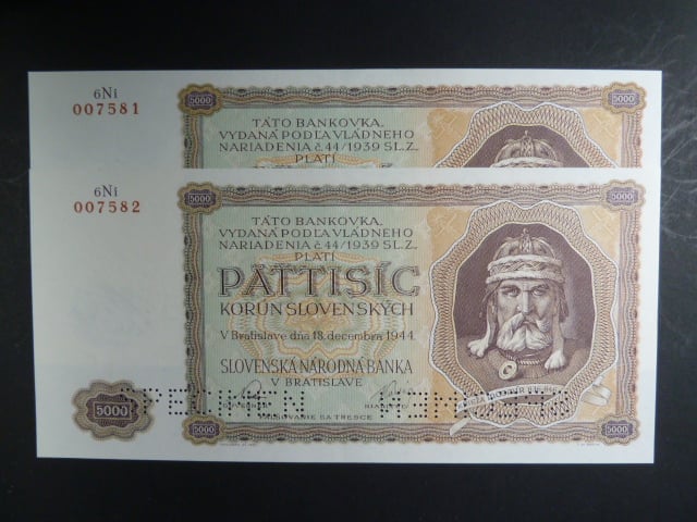 5000 Ks 1944 série 6Ni, 2x perf. SPECIMEN dole, 2 kusy s čísly po sobě 007581 a 007582