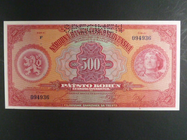 500 Kč 2.5.1929 série F, 1x perf. SPECIMEN