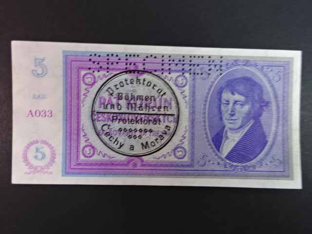 5 K 1938 série A 033, strojní přetisk, perf. SPECIMEN + perf. otvor