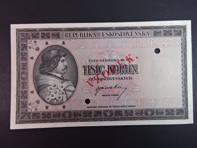 1000 Kčs 1945, bankovní vzor s přetiskem VZOREK, 2x perf. otvory, bez čísla a série, Ba. 76s, Pi. 65s, Ka. 73b