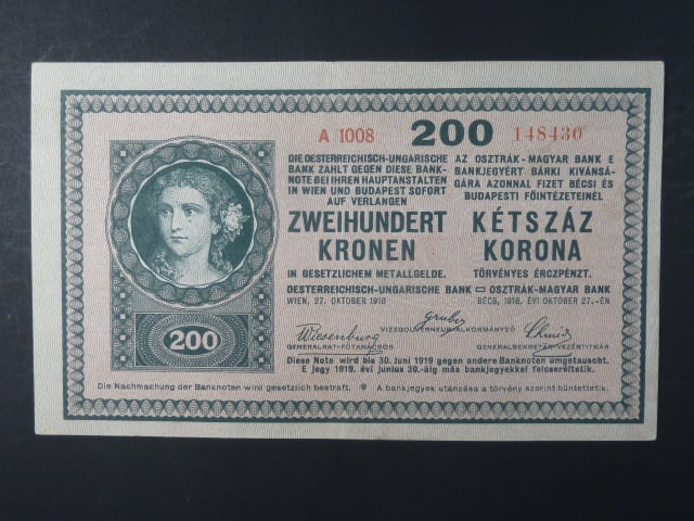 200 K 27.10.1918, serie A 1008, bez potisku na R