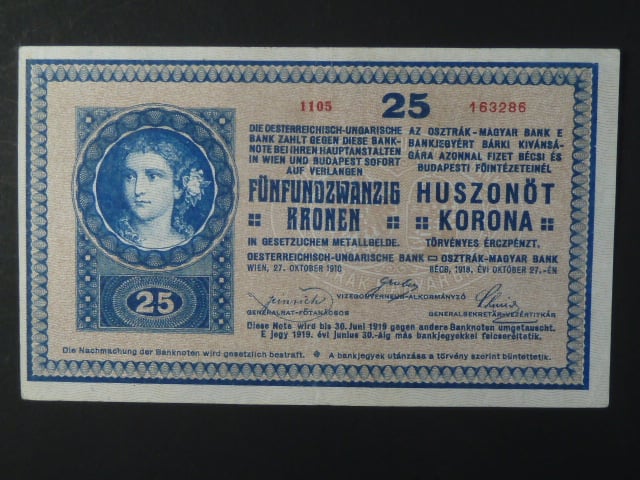 25 K 27.10.1918 série 1105, číslice 1 v sérii s patkou