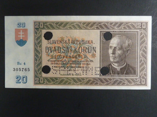 20 Ks 15.9.1939 serie Bc 4, perf. SPECIMEN + 4x skartační otvor
