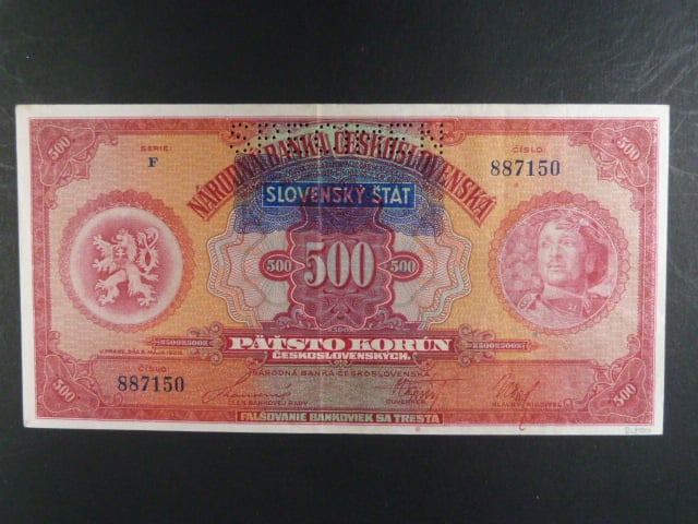 500 Ks 2.5.1929 s pretiskem, serie F, perf. SPECIMEN nahoře