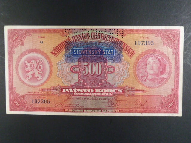 500 Ks 2.5.1929 s pretiskem, serie G, perf. SPECIMEN nahoře