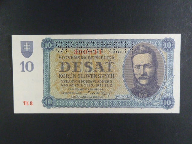 10 Ks 20.7.1943 série Ťš 8 perf. SPECIMEN nahoře