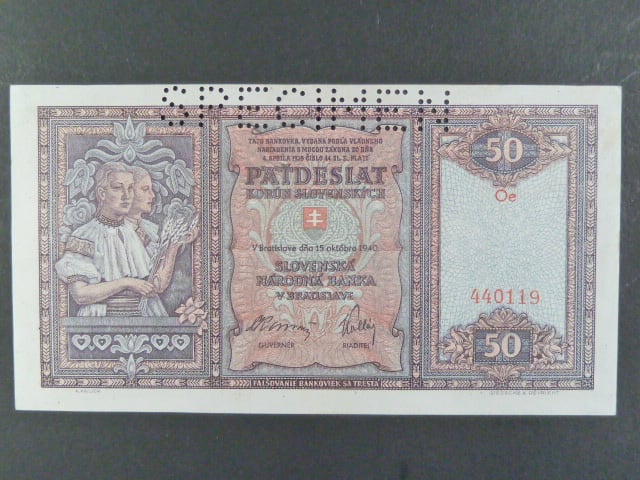 50 Ks 1940 série Oe, perf. SPECIMEN nahoře