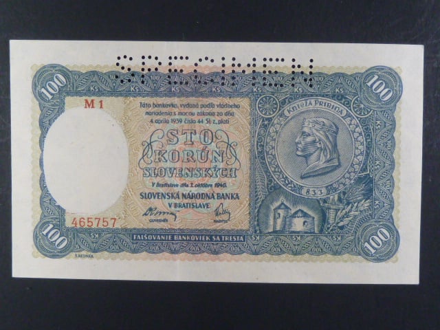 100 Ks 7.10.1940 II.vydání, série M 1 perf. SPECIMEN nahoře