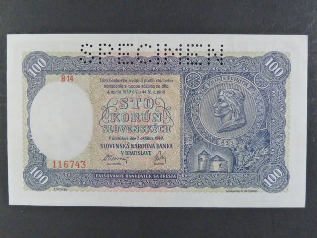 100 Ks 7.10.1940 I.vydání, série B 14 perf. SPECIMEN nahoře