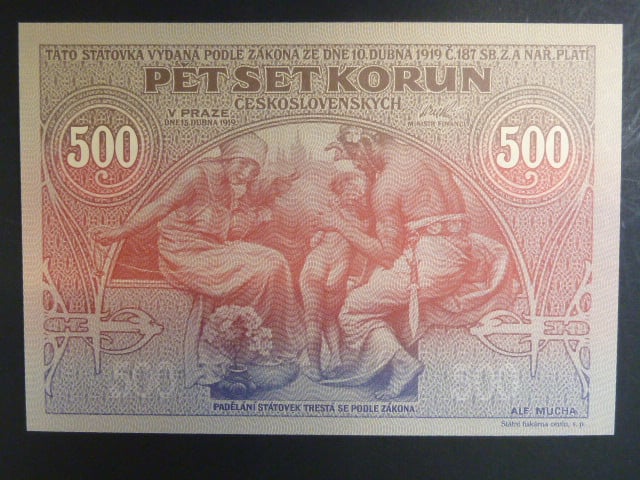 500 Kčs 1919 série 001 novotisk vydaný STC pro město Ivančice ke 160.výročí narození Alfonse Muchy v Ivančicích, (SÉRIE 000200-000299)