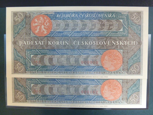 50 Kčs 1922  anulát spolu s novotisken se stejnou sérií vydaný STC pro SNS Košice, sada 2 kusy