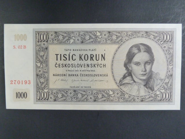 1000 Kčs 16.5.1945 série B 02, perf. 3md nad sebou