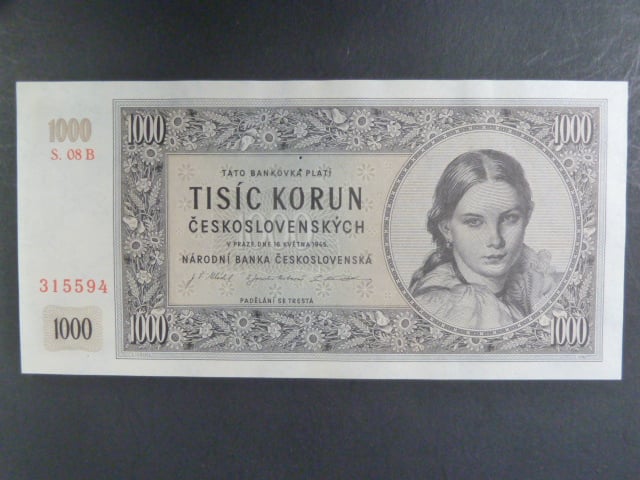 1000 Kčs 16.5.1945 série B 08, perf. 3md nad sebou