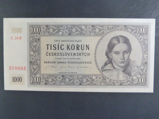 1000 Kčs 16.5.1945 série B 24, perf. 3md nad sebou