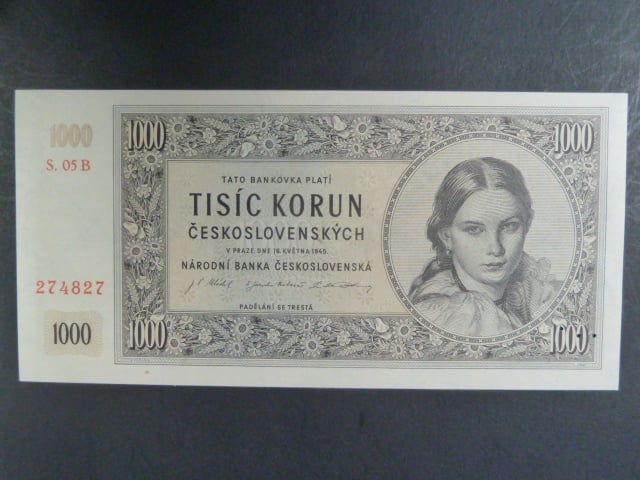1000 Kčs 16.5.1945 série B 05, perf. 3md do obloučku