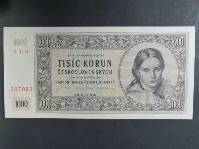 1000 Kčs 16.5.1945 série B 11, perf. 3md nad sebou