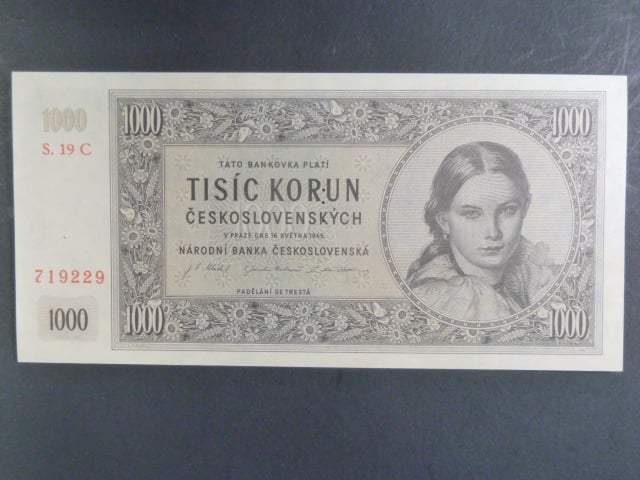 1000 Kčs 16.5.1945 série C 19 s perf. 3md nad sebou