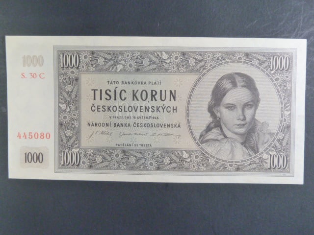 1000 Kčs 16.5.1945 série C 30 s perf. 3md nad sebou