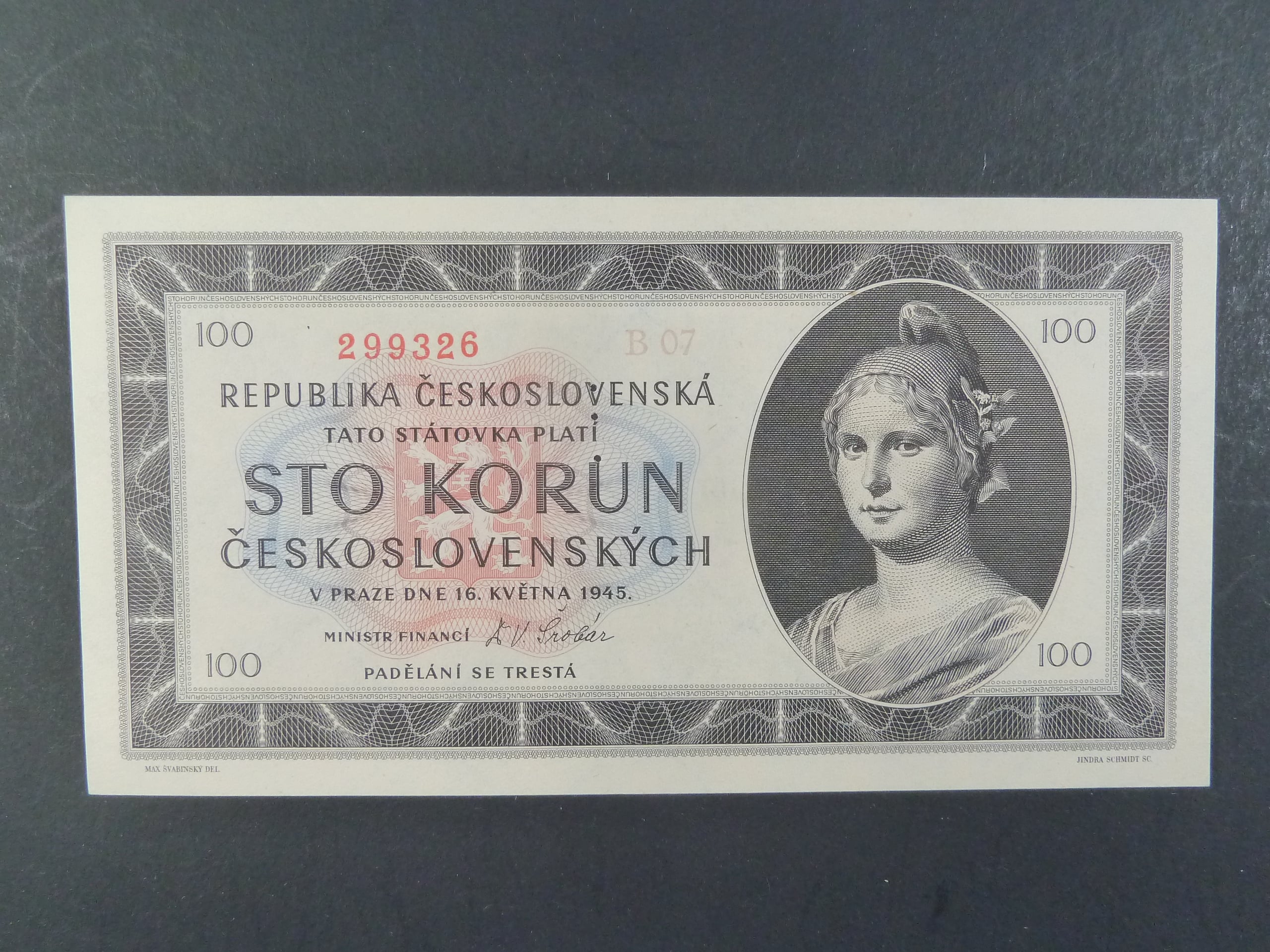 100 Kčs 1945 série B 07 perf. 3md nad sebou