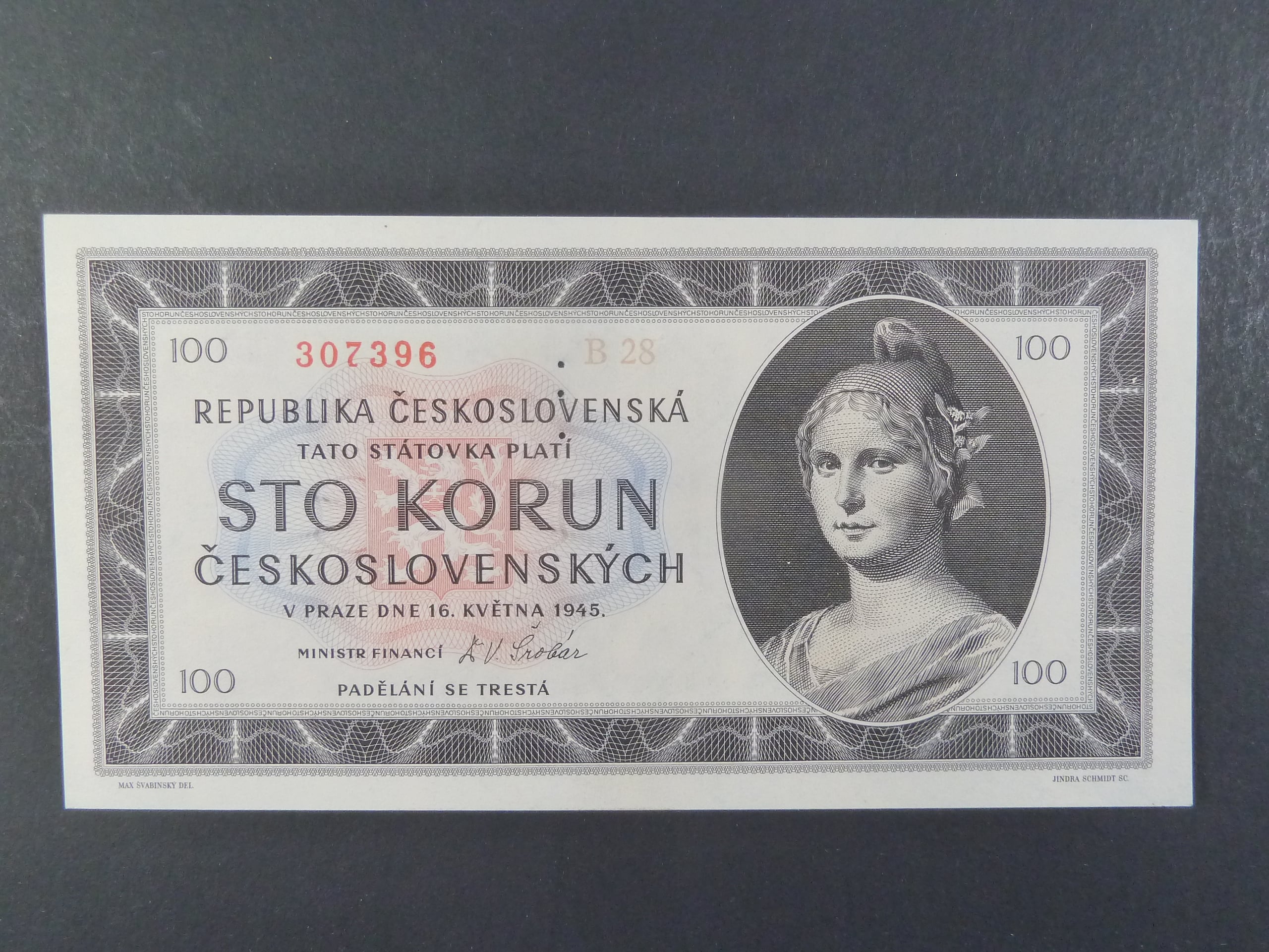 100 Kčs 1945 série B 28 perf. 3md nad sebou