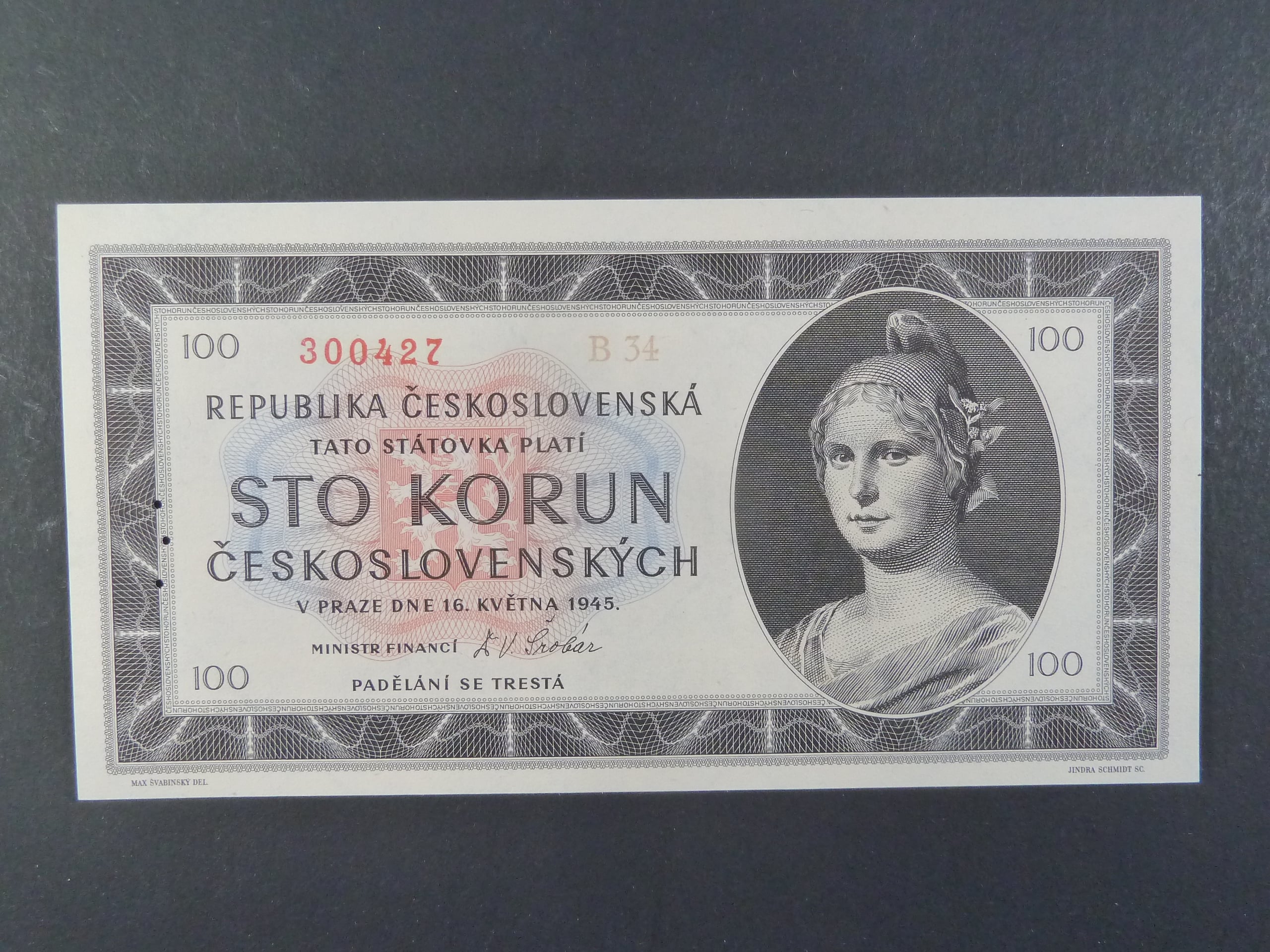 100 Kčs 1945 série B 34 perf. 3md do obloučku