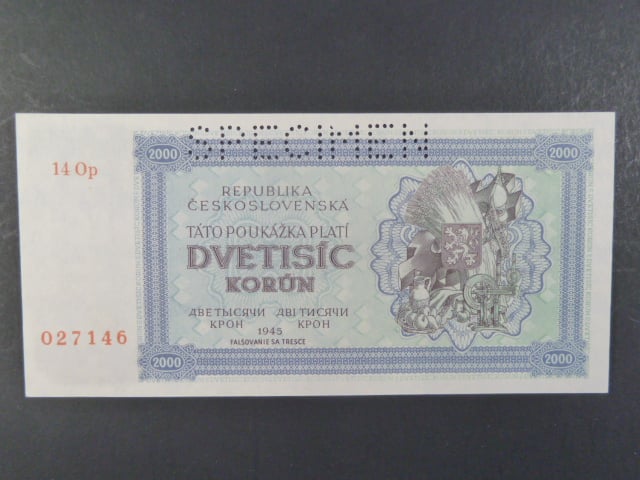 2000 K 1945 série 14Op, perf. SPECIMEN nahoře, poloha vodoznaku A