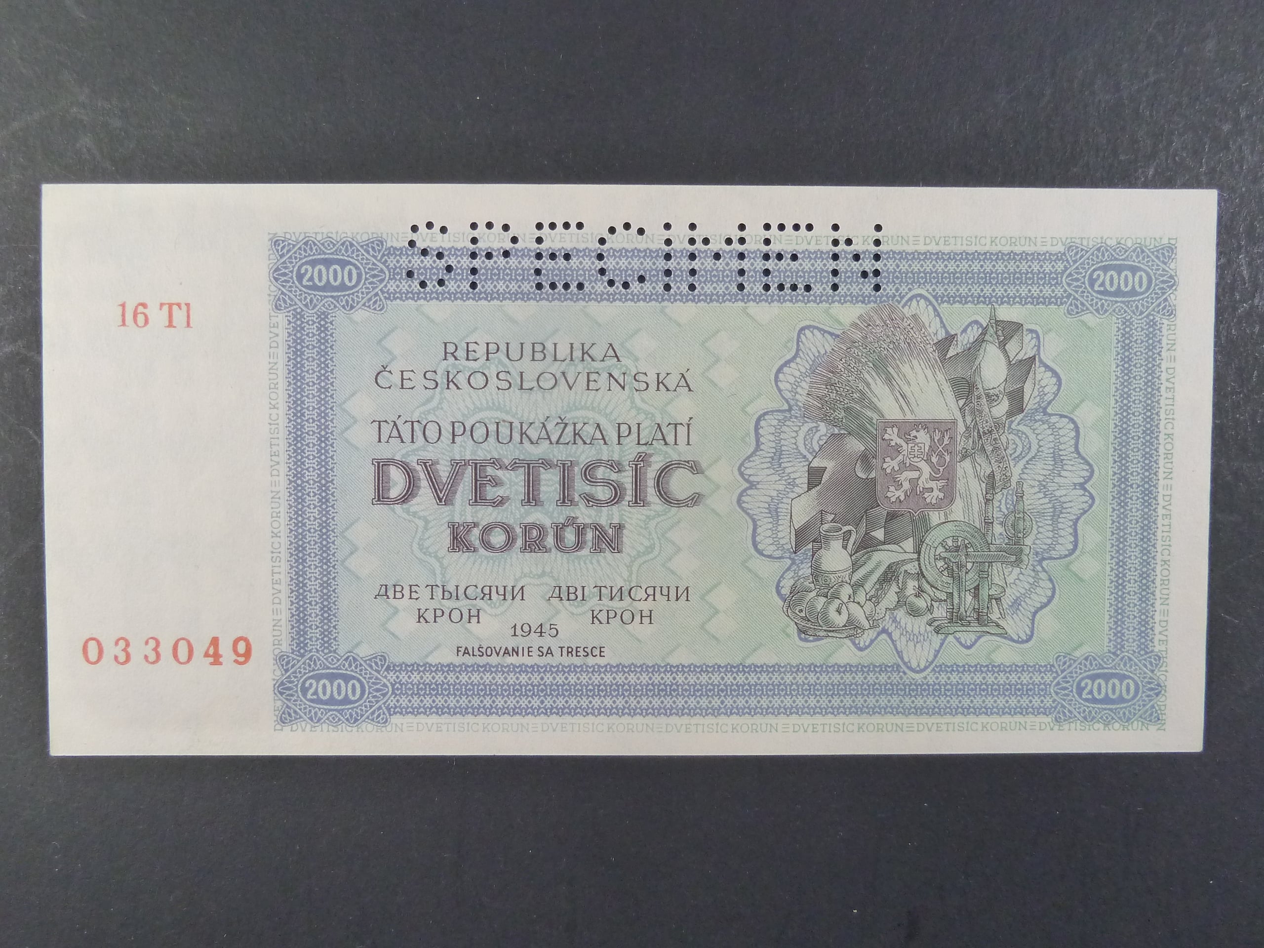 2000 K 1945 série 16Tl, perf. SPECIMEN nahoře, poloha vodoznaku A