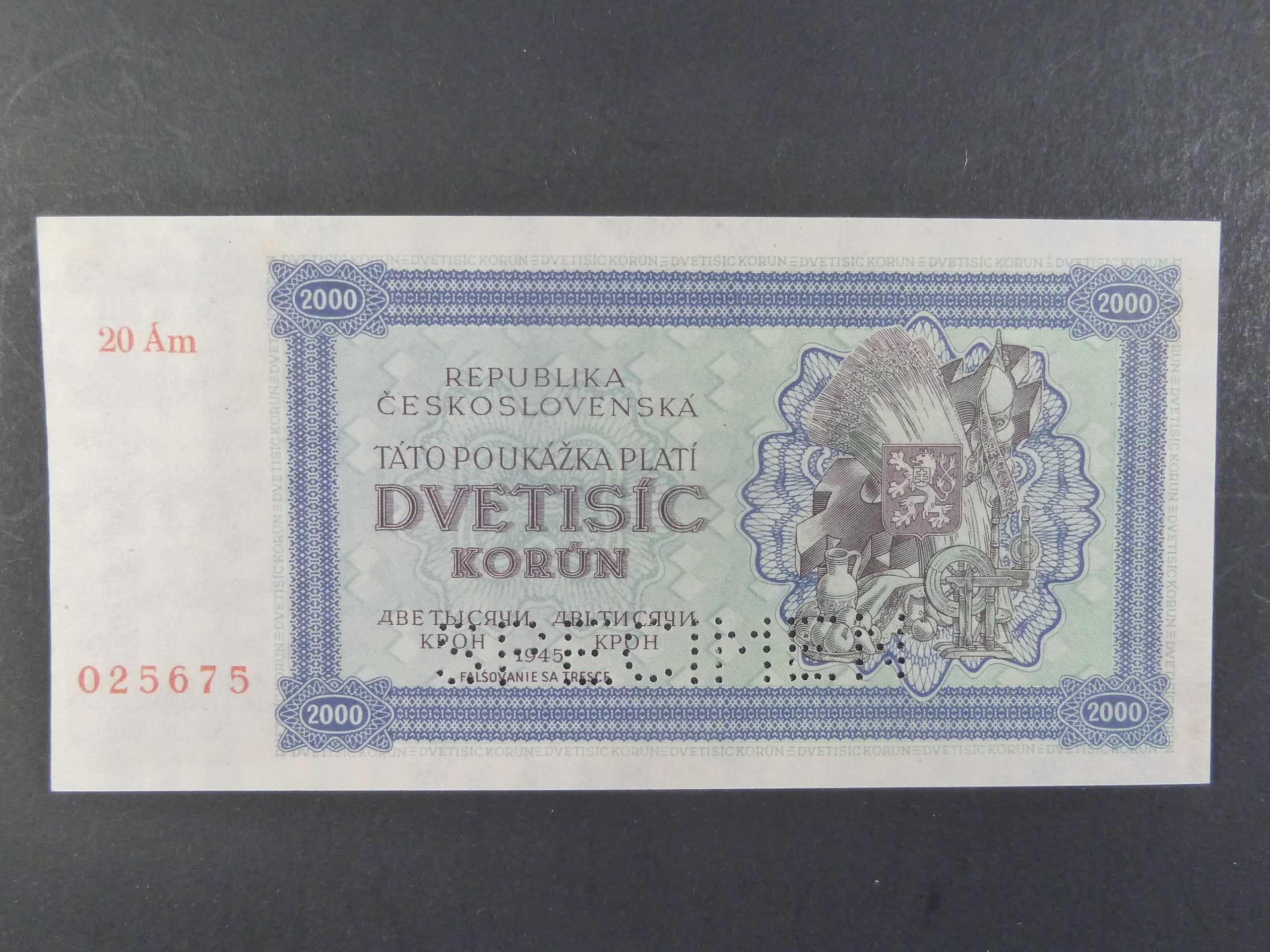 2000 K 1945 série 20Ám, perf. SPECIMEN dole, poloha vodoznaku B