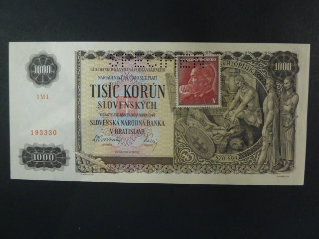1000 Ks 25.11.1940, kolkovaná série 1M1, perf. SPECIMEN