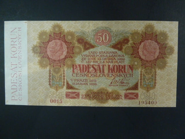 50 Kč 1919 série 0015 úzké číslice, reparace