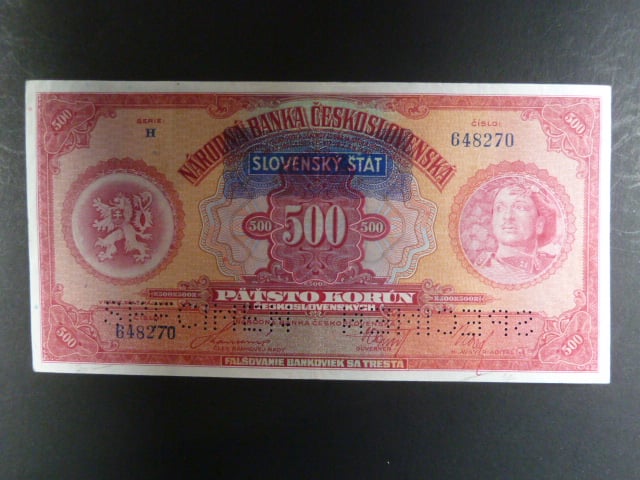 500 Ks 2.5.1929 s pretiskem, serie H, 2x perf. SPECIMEN dole