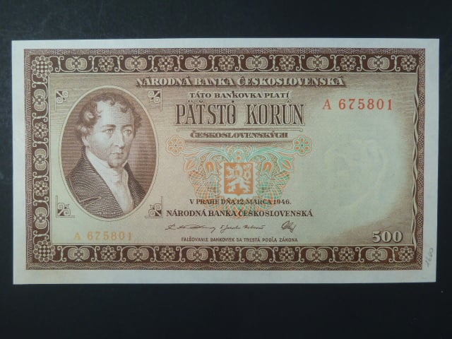 500 Kčs 12.3.1946 série A, perf. 3md nad sebou