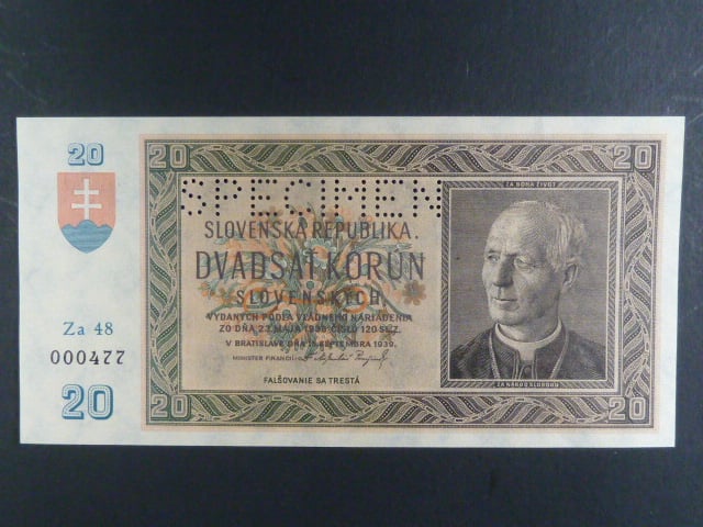 20 Ks 15.9.1939 serie Za 48 bankovní vzor s perf. SPECIMEN nahoře