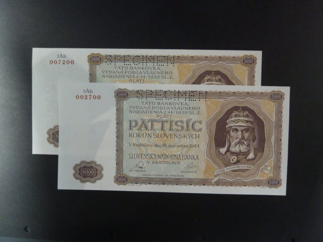 5000 Ks 1944 série 2Ah, 1x perf. SPECIMEN nahoře, 2 kusy s číselnou přesmyčkou 007200 a 002700