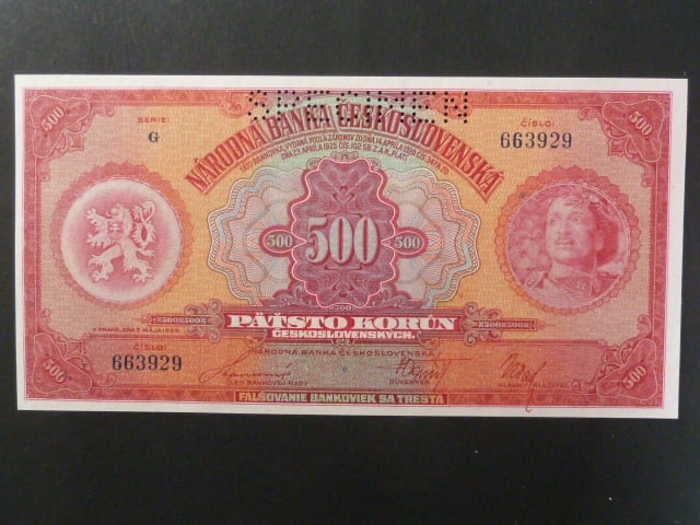 500 Kč 2.5.1929 série G, 1x perf. SPECIMEN