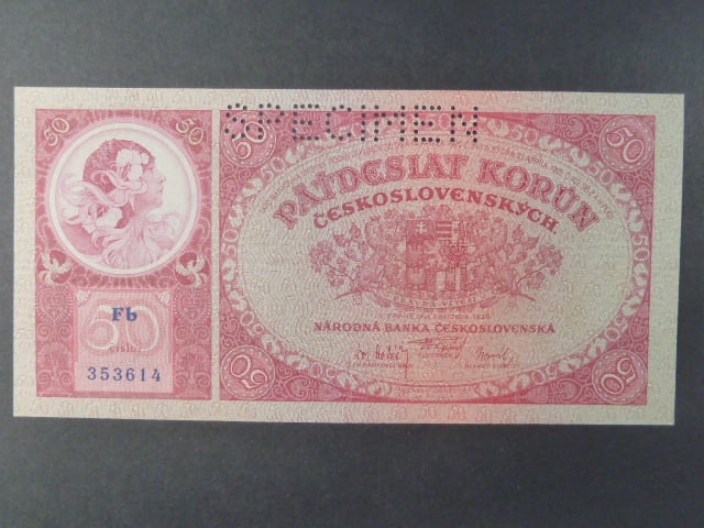 50 Kč 1.10.1929 série Fb, perf. SPECIMEN