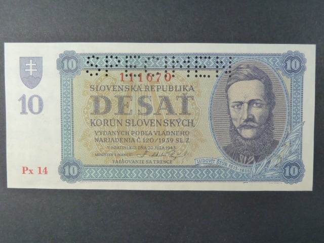 10 Ks 20.7.1943 série Px 14 perf. SPECIMEN nahoře