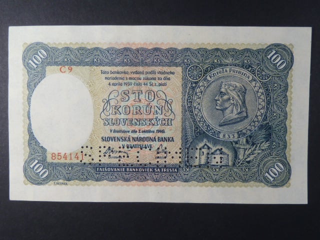 100 Ks 1940 II.vydání, série C 9, 1x perf. SPECIMEN dole