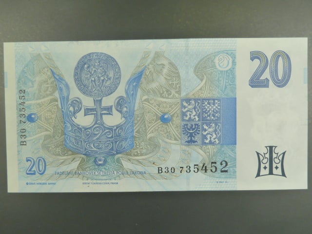 20 Kč 1994 s. B 29 proužek vlevo, Baj. CZ 10b, Pi. 10b