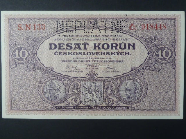 10 Kč 1927 série N 133, perf. NEPLATNÉ